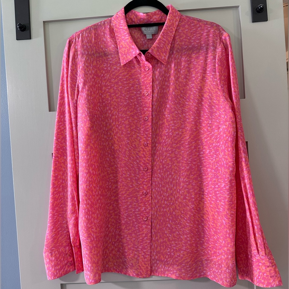 Pure Collection Pink and Orange 100% Silk Button Up Blouse
